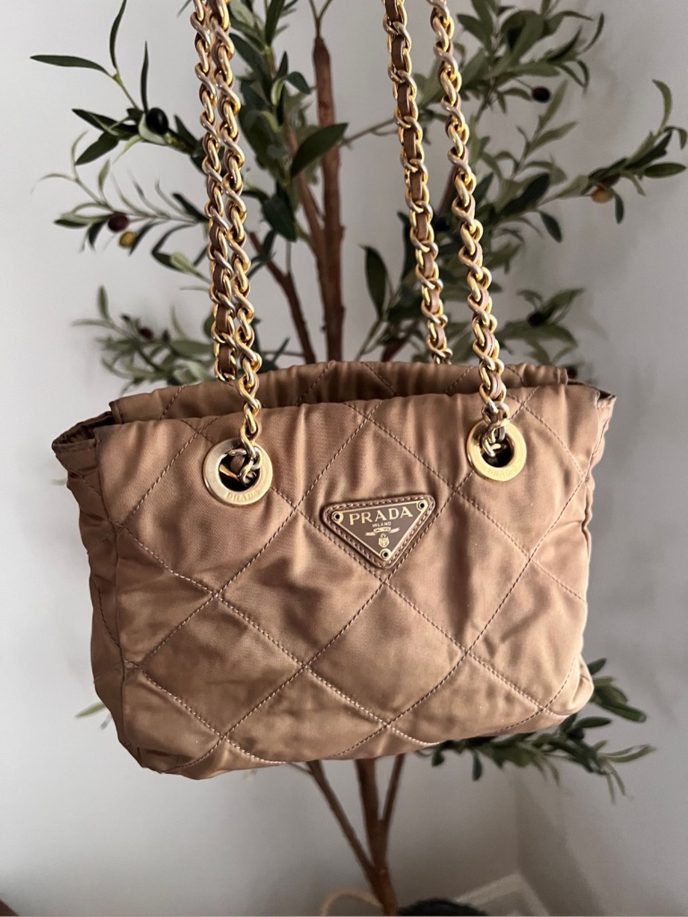 Prada Quilted Nylon Shoulder Bag in Tan with Gold Hardware